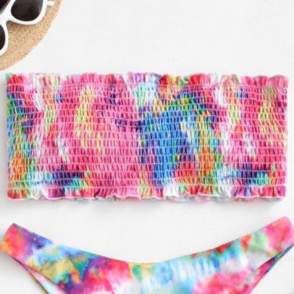 ZAFUL Tie Dye Frilled Smocked Bikini Swimsuit Top